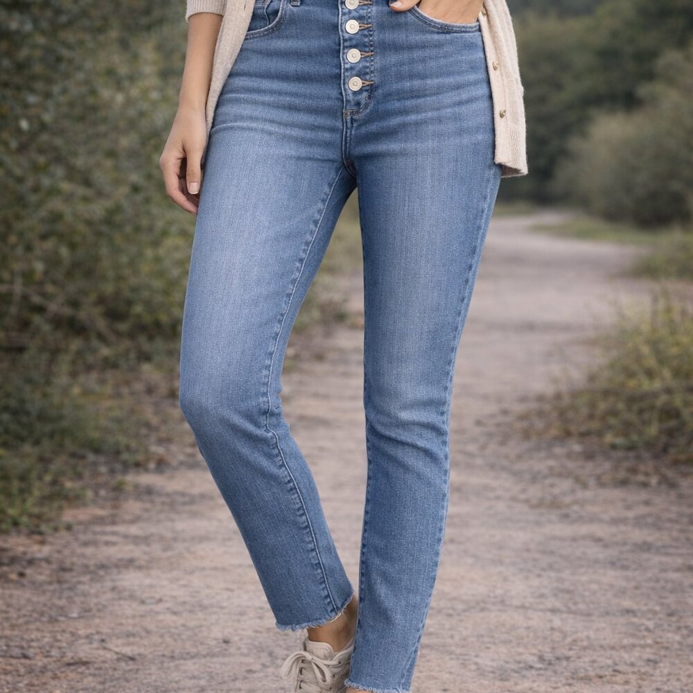 Made And Loved Loft Women's Skinny Button Down Jeans W/Ragged Hems 28/6